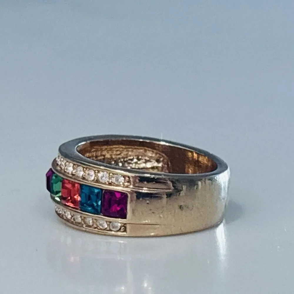 Vintage Multi Color Rainbow Rhinestone Band Ring Gold Tone 7